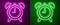 Glowing neon line Alarm clock icon isolated on purple and green background. Wake up, get up concept. Time sign. Vector