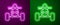 Glowing neon line All Terrain Vehicle or ATV motorcycle icon isolated on purple and green background. Quad bike. Extreme