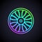 Glowing neon line Alloy wheel for car icon isolated on black background. Vector