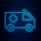 Glowing neon line Ambulance and emergency car icon isolated on brick wall background. Ambulance vehicle medical