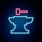 Glowing neon line Anvil for blacksmithing and hammer icon isolated on brick wall background. Metal forging. Forge tool