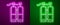 Glowing neon line Aqualung icon isolated on purple and green background. Oxygen tank for diver. Diving equipment