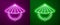 Glowing neon line Asian or Chinese conical straw hat icon isolated on purple and green background. Vector