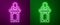 Glowing neon line Auction auctioneer sells icon isolated on purple and green background. Auction business, bid and sale