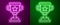 Glowing neon line Award cup icon isolated on purple and green background. Winner trophy symbol. Championship or