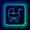 Glowing neon line Baby stroller icon isolated on black background. Baby carriage, buggy, pram, stroller, wheel. Colorful