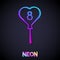 Glowing neon line Balloons with 8 March icon isolated on black background. Vector