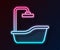 Glowing neon line Bathtub icon isolated on black background. Vector