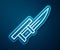 Glowing neon line Bayonet on rifle icon isolated on blue background. Vector