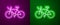 Glowing neon line Bicycle icon isolated on purple and green background. Bike race. Extreme sport. Sport equipment