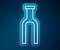 Glowing neon line Bicycle suspension fork icon isolated on blue background. Sport transportation spare part steering