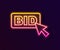 Glowing neon line Bid icon isolated on black background. Auction bidding. Sale and buyers. Vector