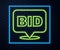 Glowing neon line Bid icon isolated on brick wall background. Auction bidding. Sale and buyers. Vector