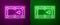 Glowing neon line Billiard table icon isolated on purple and green background. Pool table. Vector Illustration