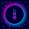 Glowing neon line Biohazard rocket icon isolated on black background. Rocket bomb flies down. Colorful outline concept