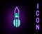 Glowing neon line Biohazard rocket icon isolated on black background. Rocket bomb flies down. Colorful outline concept