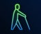 Glowing neon line Blind human holding stick icon isolated on blue background. Disabled human with blindness. Vector