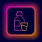 Glowing neon line Bottle of medicine syrup and dose measuring cup solid icon isolated on black background. Colorful