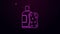 Glowing neon line Bottle of shampoo and sponge icon isolated on purple background. 4K Video motion graphic animation