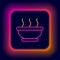 Glowing neon line Bowl of hot soup icon isolated on black background. Colorful outline concept. Vector