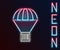 Glowing neon line Box flying on parachute icon isolated on black background. Parcel with parachute for shipping