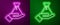 Glowing neon line Bribe money bag icon isolated on purple and green background. Bill currency. Vector