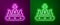 Glowing neon line British crown icon isolated on purple and green background. Vector