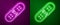 Glowing neon line Broken skateboard deck icon isolated on purple and green background. Extreme sport. Sport equipment