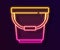 Glowing neon line Bucket icon isolated on black background. Vector Illustration