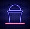 Glowing neon line Bucket icon isolated on brick wall background. Colorful outline concept. Vector