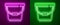 Glowing neon line Bucket icon isolated on purple and green background. Vector Illustration