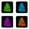 Glowing neon line Buddhist monk in robes sitting in meditation icon isolated on white background. Black square button