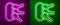 Glowing neon line Bunch of keys icon isolated on purple and green background. Vector Illustration