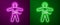 Glowing neon line Bungee jumping icon isolated on purple and green background. Vector