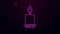 Glowing neon line Burning candle icon isolated on purple background. Cylindrical aromatic candle stick with burning