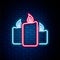 Glowing neon line Burning candles icon isolated on brick wall background. Old fashioned lit candles. Cylindrical