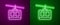 Glowing neon line Cable car icon isolated on purple and green background. Funicular sign. Vector