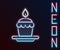 Glowing neon line Cake with burning candles icon isolated on black background. Happy Birthday. Colorful outline concept