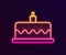 Glowing neon line Cake with burning candles icon isolated on black background. Happy Birthday. Vector