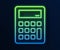 Glowing neon line Calculator icon isolated on blue background. Accounting symbol. Business calculations mathematics