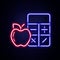 Glowing neon line Calorie calculator icon isolated on isolated on brick wall background. Calorie count. Diet. Weight