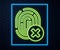 Glowing neon line Cancelled fingerprint icon isolated on brick wall background. Access denied for user concept. Error