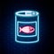 Glowing neon line Canned food for cat icon isolated on brick wall background. Fish skeleton sign. Food for animals. Pet