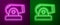 Glowing neon line Cannon icon isolated on purple and green background. Vector