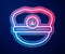 Glowing neon line Captain hat icon isolated on blue background. Vector