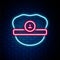 Glowing neon line Captain hat icon isolated on brick wall background. Colorful outline concept. Vector