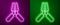 Glowing neon line Car battery jumper power cable icon isolated on purple and green background. Vector Illustration