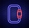 Glowing neon line Carabiner icon isolated on brick wall background. Extreme sport. Sport equipment. Colorful outline