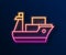 Glowing neon line Cargo ship icon isolated on black background. Vector