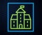 Glowing neon line Castle icon isolated on brick wall background. Medieval fortress with a tower. Protection from enemies